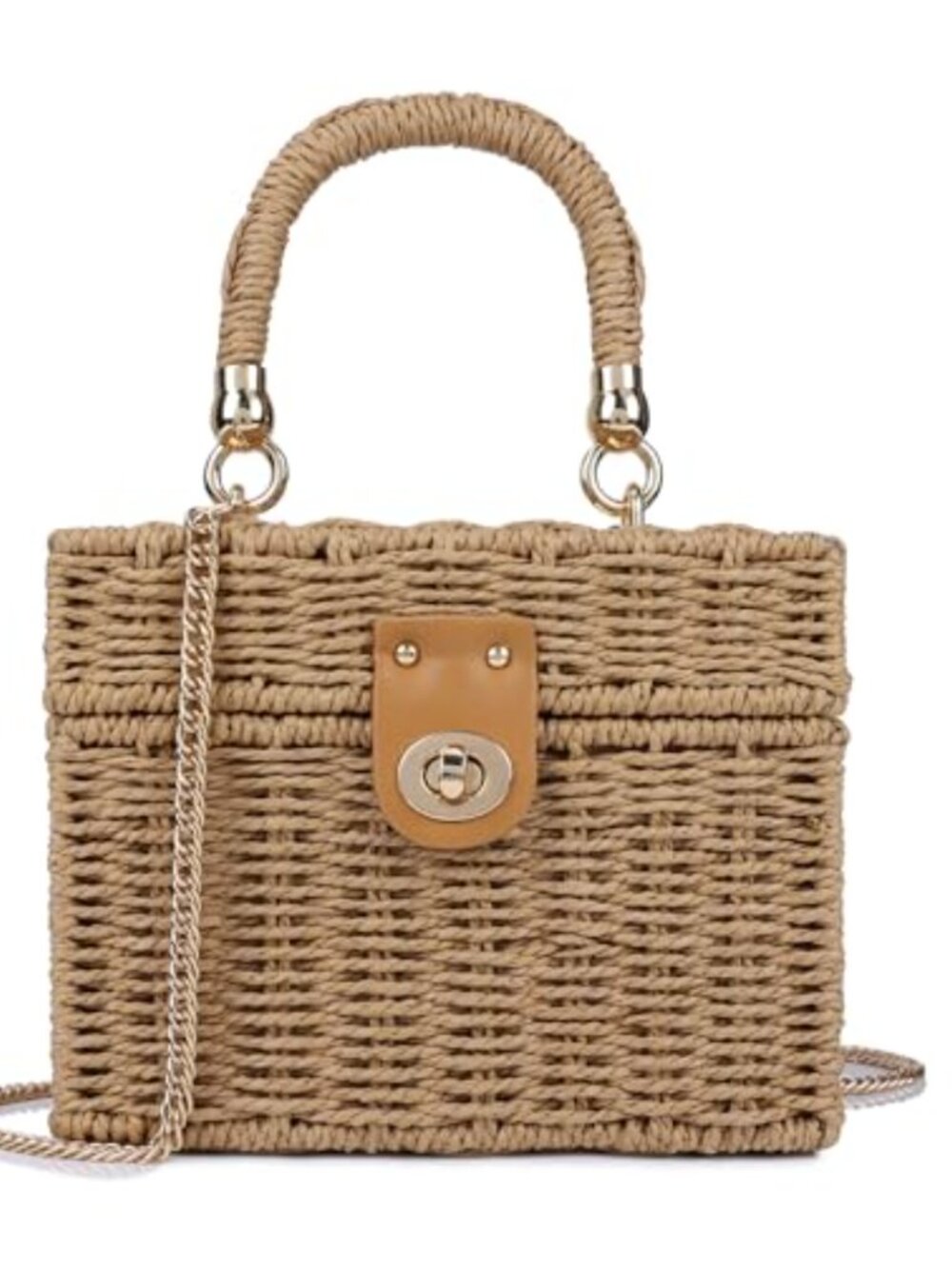Handwoven Rattan Straw Crossbody Shoulder Bag Satchel Tote with Chain Strap
